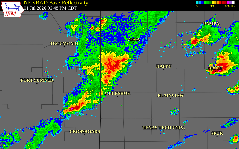 NEXRAD radar during the Wednesday, July 1, 2026 storm activity in Parmer County, Texas