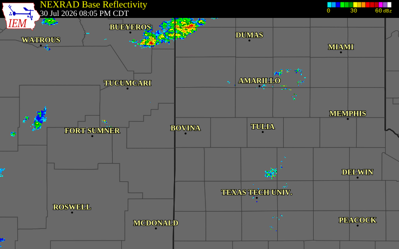 Radar snapshot during the Jul 30, 2026 wind event near 2 NE Friona, Parmer County, Texas, with NWS warning polygons