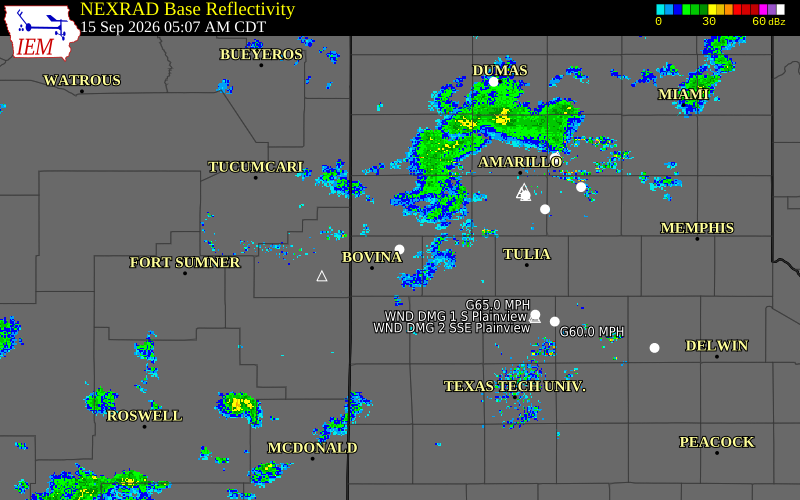 Current NEXRAD radar over Parmer County, Texas with recent storm report locations