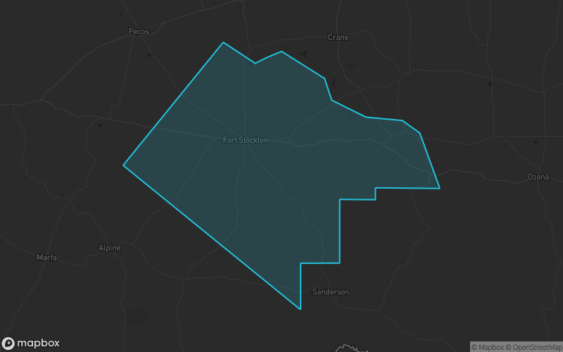 Map of Pecos County, Texas showing the county boundary and surrounding cities