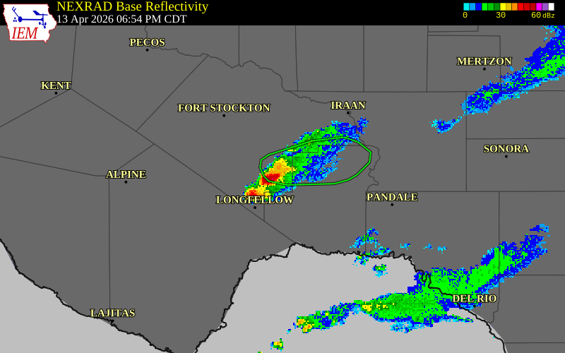 NEXRAD radar during the Monday, April 13, 2026 storm activity in Pecos County, Texas