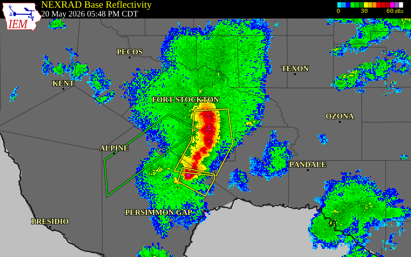 NEXRAD radar during the Wednesday, May 20, 2026 storm activity in Pecos County, Texas