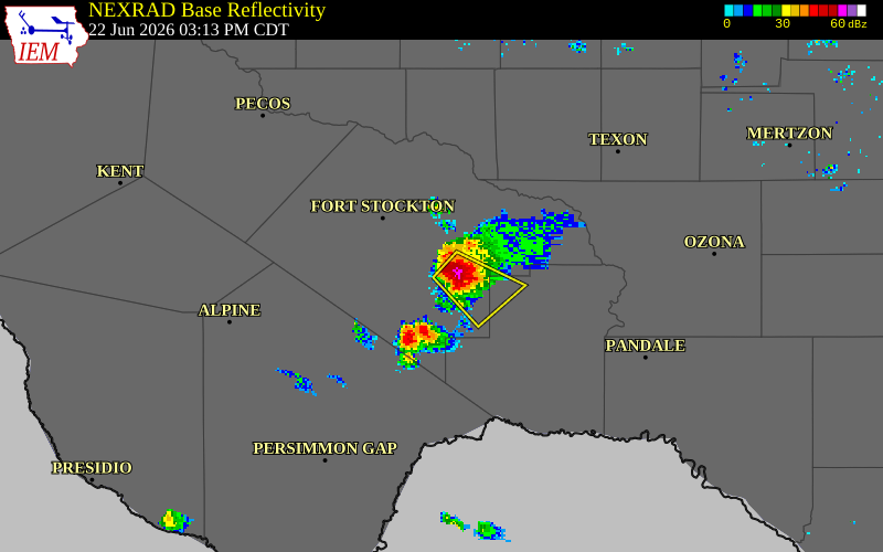 NEXRAD radar during the Monday, June 22, 2026 storm activity in Pecos County, Texas