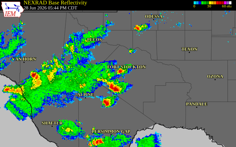 NEXRAD radar during the Sunday, June 28, 2026 storm activity in Pecos County, Texas