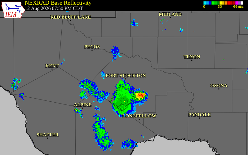 NEXRAD radar during the Wednesday, August 12, 2026 storm activity in Pecos County, Texas