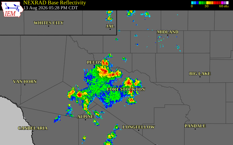 NEXRAD radar during the Thursday, August 13, 2026 storm activity in Pecos County, Texas