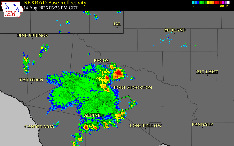 NEXRAD radar during the Friday, August 14, 2026 storm activity in Pecos County, Texas