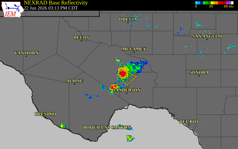 Radar snapshot during the Jun 22, 2026 tornado event near 26 SW Bakersfield, Pecos County, Texas, with NWS warning polygons
