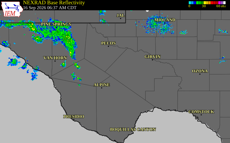 Current NEXRAD radar over Pecos County, Texas with recent storm report locations