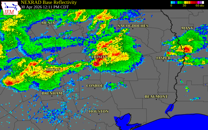 NEXRAD radar during the Thursday, April 30, 2026 storm activity in Polk County, Texas