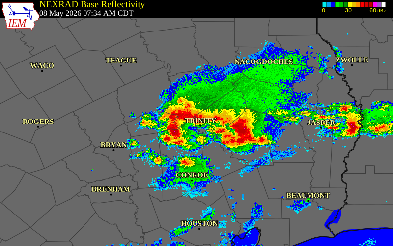 NEXRAD radar during the Friday, May 8, 2026 storm activity in Polk County, Texas