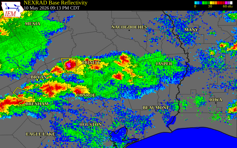 NEXRAD radar during the Sunday, May 10, 2026 storm activity in Polk County, Texas