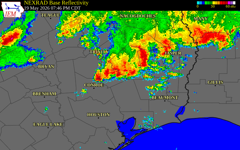 NEXRAD radar during the Tuesday, May 19, 2026 storm activity in Polk County, Texas