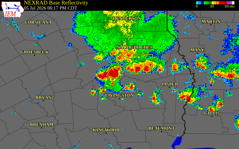 NEXRAD radar during the Sunday, July 5, 2026 storm activity in Polk County, Texas