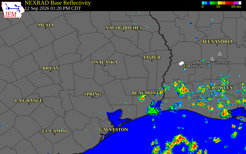 Current NEXRAD radar over Polk County, Texas with recent storm report locations
