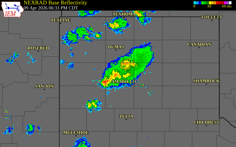 NEXRAD radar during the Thursday, April 9, 2026 storm activity in Potter County, Texas