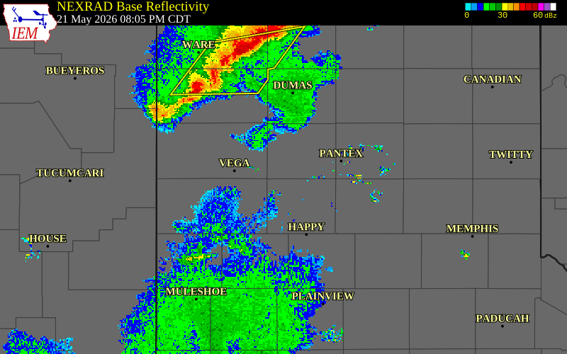 NEXRAD radar during the Thursday, May 21, 2026 storm activity in Potter County, Texas