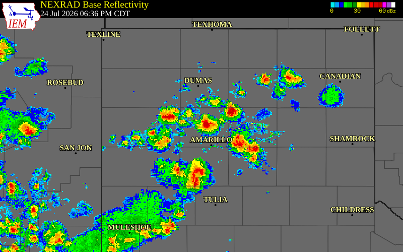 NEXRAD radar during the Friday, July 24, 2026 storm activity in Potter County, Texas