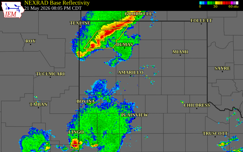 Radar snapshot during the May 21, 2026 hail event near 1 ENE Bushland, Potter County, Texas, with NWS warning polygons