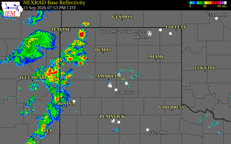 Current NEXRAD radar over Potter County, Texas with recent storm report locations