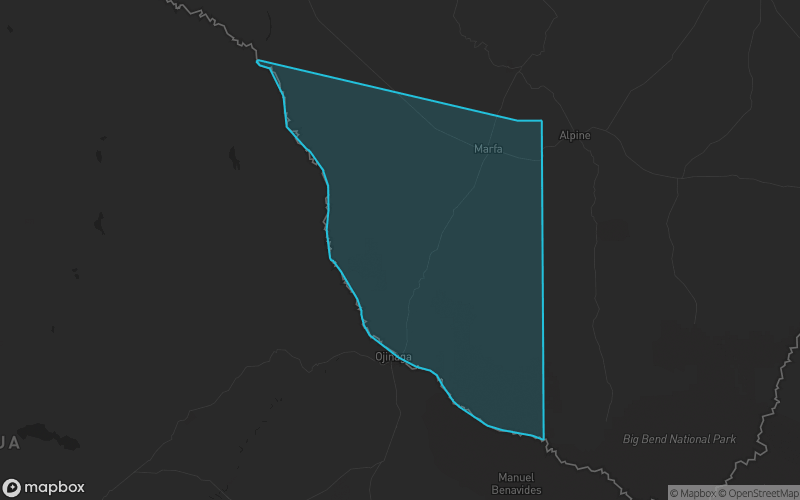 Map of Presidio County, Texas showing the county boundary and surrounding cities