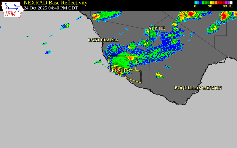 NEXRAD radar during the Friday, October 24, 2025 storm activity in Presidio County, Texas