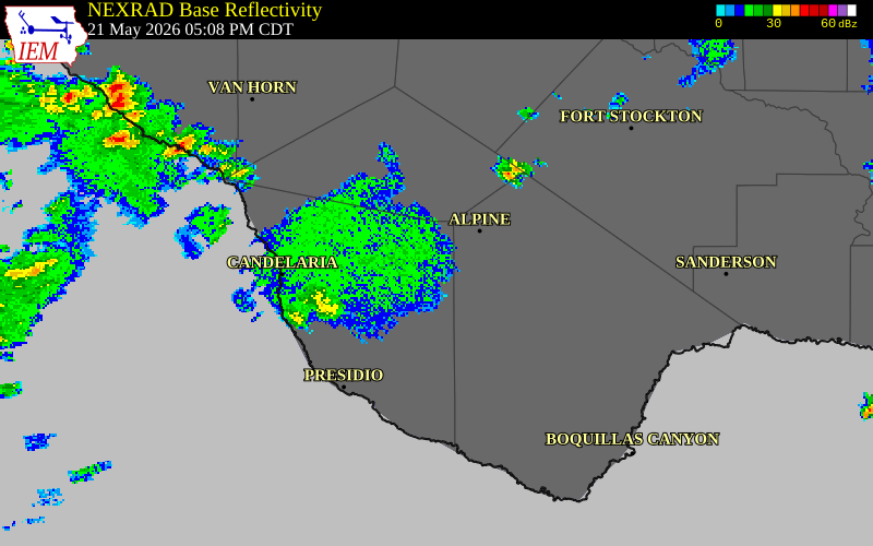 NEXRAD radar during the Thursday, May 21, 2026 storm activity in Presidio County, Texas