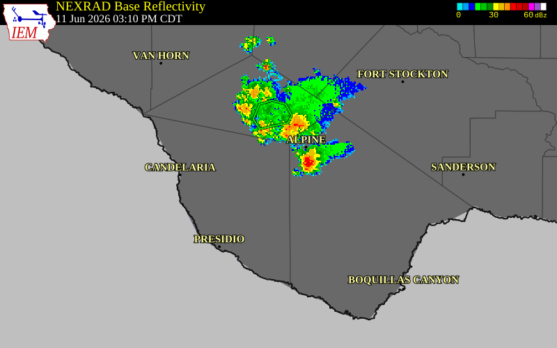 NEXRAD radar during the Thursday, June 11, 2026 storm activity in Presidio County, Texas
