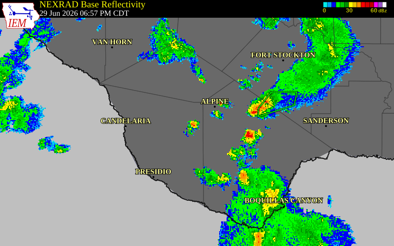 NEXRAD radar during the Monday, June 29, 2026 storm activity in Presidio County, Texas