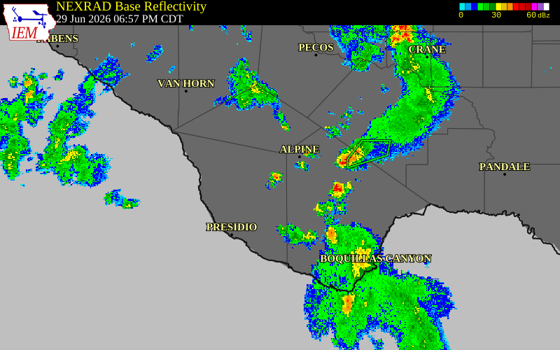 Radar snapshot during the Jun 29, 2026 wind event near 13 SE Marfa, Presidio County, Texas, with NWS warning polygons