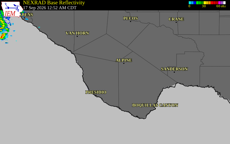 Current NEXRAD radar over Presidio County, Texas with recent storm report locations