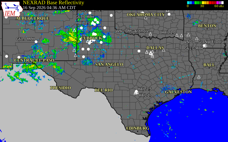 Current NEXRAD radar across Texas with recent storm report locations