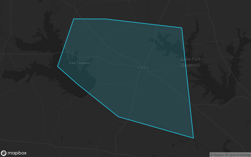 Map of Rains County, Texas showing the county boundary and surrounding cities
