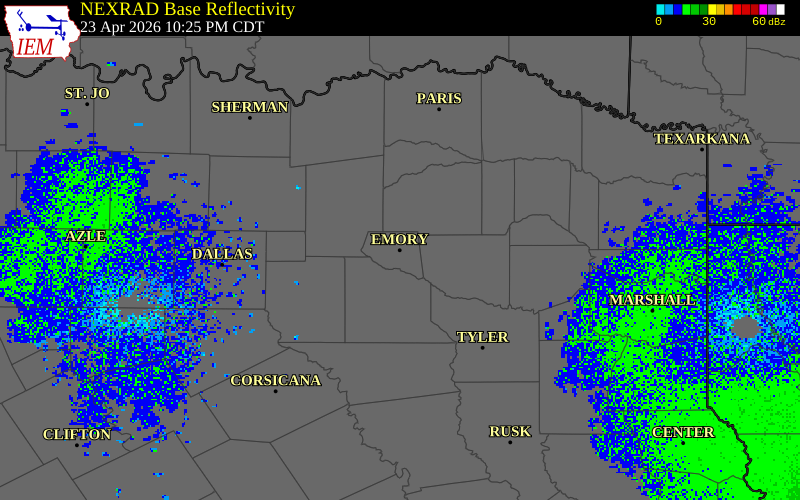 NEXRAD radar during the Thursday, April 23, 2026 storm activity in Rains County, Texas
