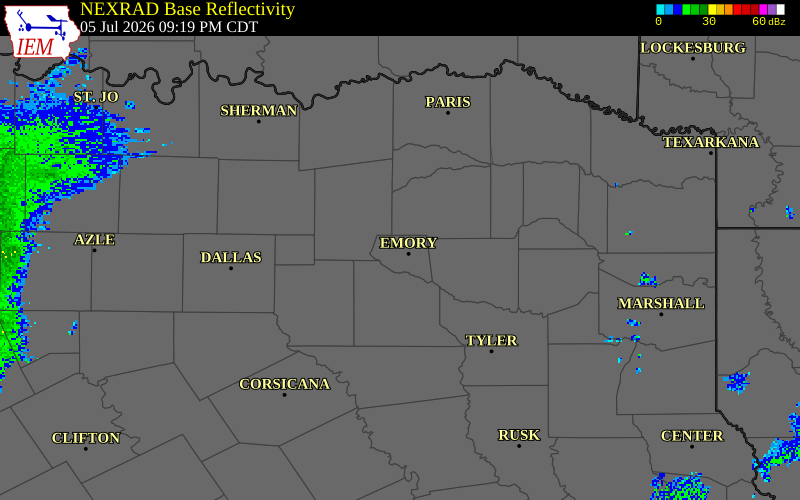 NEXRAD radar during the Sunday, July 5, 2026 storm activity in Rains County, Texas