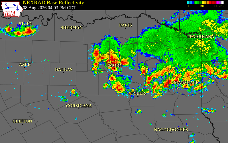 NEXRAD radar during the Saturday, August 8, 2026 storm activity in Rains County, Texas