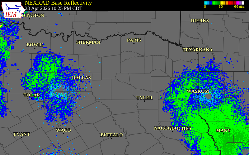 Radar snapshot during the Apr 23, 2026 hail event near Emory, Rains County, Texas, with NWS warning polygons