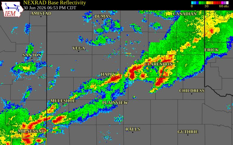 NEXRAD radar during the Tuesday, June 30, 2026 storm activity in Randall County, Texas