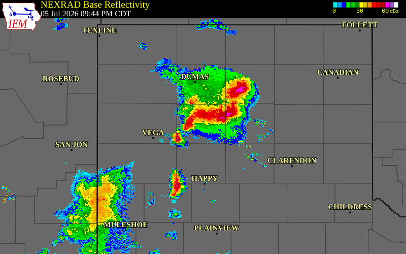 NEXRAD radar during the Sunday, July 5, 2026 storm activity in Randall County, Texas