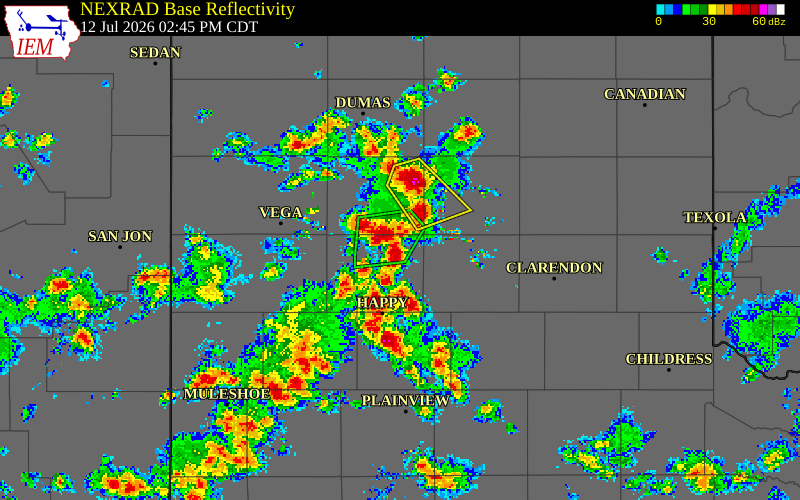 NEXRAD radar during the Sunday, July 12, 2026 storm activity in Randall County, Texas