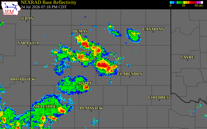 NEXRAD radar during the Friday, July 24, 2026 storm activity in Randall County, Texas