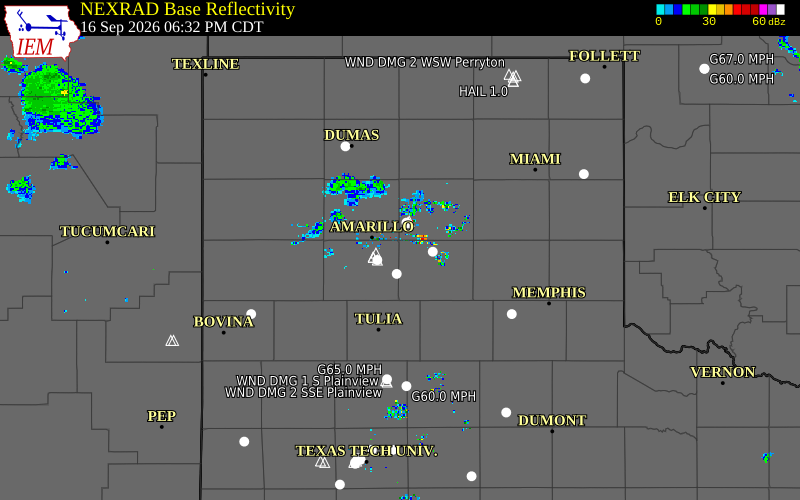 Current NEXRAD radar over Randall County, Texas with recent storm report locations