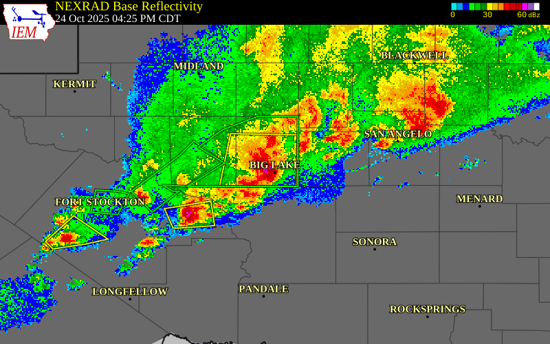 NEXRAD radar during the Friday, October 24, 2025 storm activity in Reagan County, Texas