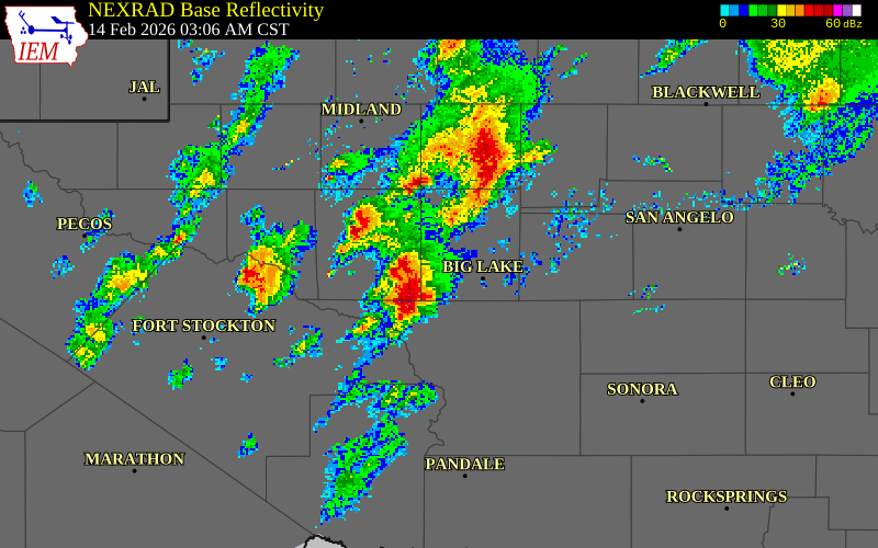 NEXRAD radar during the Saturday, February 14, 2026 storm activity in Reagan County, Texas