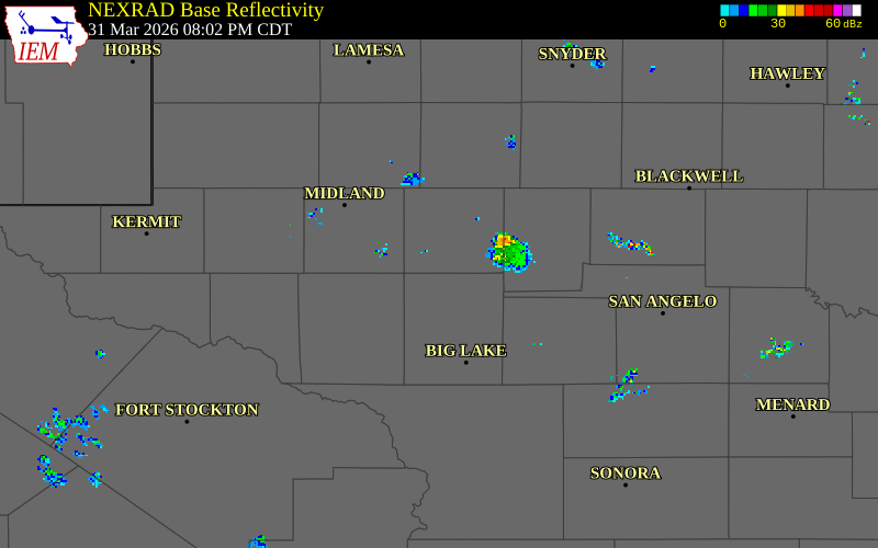 NEXRAD radar during the Tuesday, March 31, 2026 storm activity in Reagan County, Texas