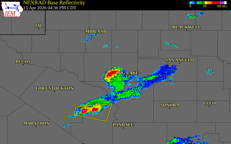 NEXRAD radar during the Monday, April 13, 2026 storm activity in Reagan County, Texas