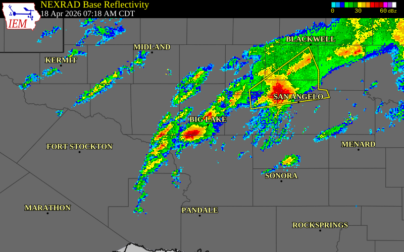 NEXRAD radar during the Saturday, April 18, 2026 storm activity in Reagan County, Texas