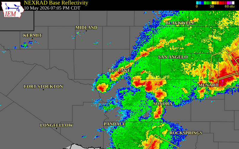 NEXRAD radar during the Sunday, May 10, 2026 storm activity in Reagan County, Texas