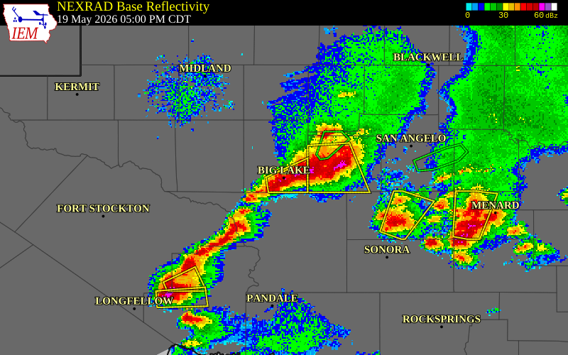 NEXRAD radar during the Tuesday, May 19, 2026 storm activity in Reagan County, Texas