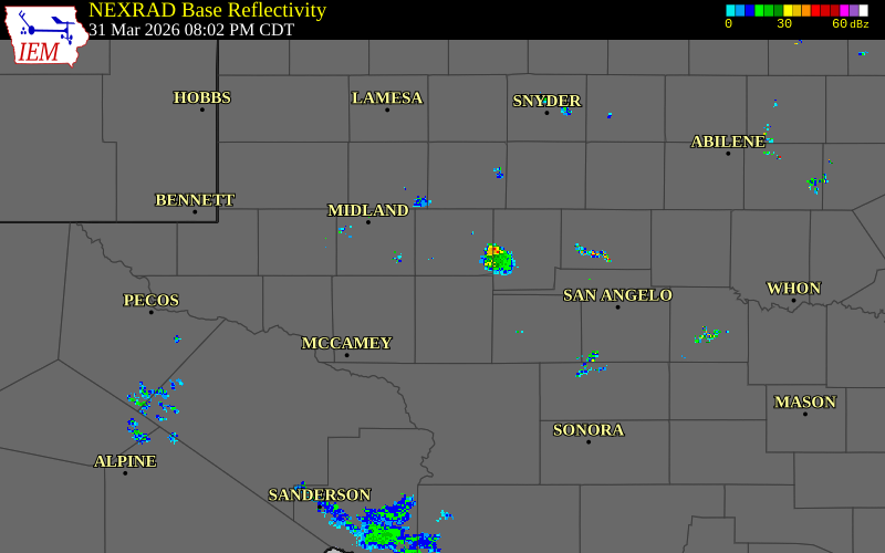 Radar snapshot during the Mar 31, 2026 wind event near 5 SW Saint Lawrence, Reagan County, Texas, with NWS warning polygons